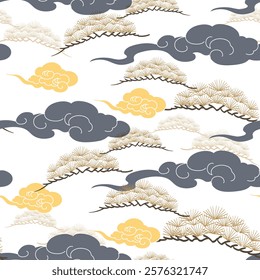 Seamless pattern cloud and pine tree with traditional Japanese pattern style. Chinese landscape painting aesthetic