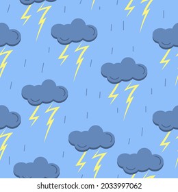 Seamless pattern with cloud, rain, thunder on blue background. Vector illustration