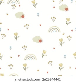 Seamless pattern with cloud, rainbow , flowers and hearts. Creative kids hand drawn texture for fabric, wrapping, textile, wallpaper, apparel. Vector	
