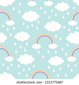 Seamless Pattern. Cloud Rainbow Rain drop in the sky. Cute cartoon kawaii funny baby kids decor. Wrapping paper, textile template. Nursery decoration. Blue background. Flat design Vector illustration