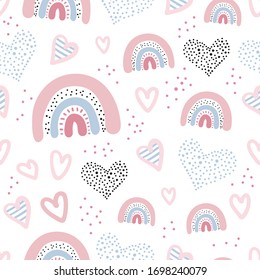 Seamless pattern with cloud and rainbow in the sky.  Creative kids hand drawn texture for fabric, wrapping, textile, wallpaper, apparel. Vector illustration