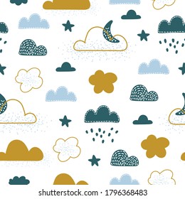 Seamless pattern with cloud and rainbow in the sky.  Creative kids hand drawn texture for fabric, wrapping, textile, wallpaper, apparel. Vector illustration