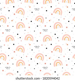 Seamless pattern with cloud and rainbow in the sky.  Creative kids hand drawn texture for fabric, wrapping, textile, wallpaper, apparel. Vector illustration