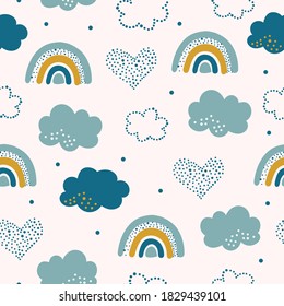 Seamless pattern with cloud and rainbow in the sky.  Creative kids hand drawn texture for fabric, wrapping, textile, wallpaper, apparel. Vector illustration