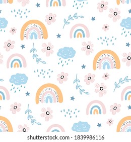 Seamless pattern with cloud and rainbow in the sky.  Creative kids hand drawn texture for fabric, wrapping, textile, wallpaper, apparel. Vector illustration