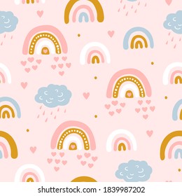 Seamless pattern with cloud and rainbow in the sky.  Creative kids hand drawn texture for fabric, wrapping, textile, wallpaper, apparel. Vector illustration