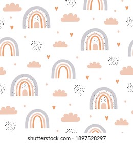 Seamless pattern with cloud and rainbow in the sky.  Creative kids hand drawn texture for fabric, wrapping, textile, wallpaper, apparel. Vector illustration