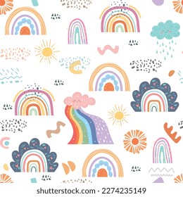 Seamless pattern with cloud and rainbow in the sky. Creative kids hand drawn texture for fabric, wrapping, textile, wallpaper, apparel. Vector