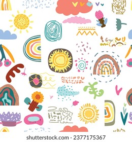 Seamless pattern with cloud and rainbow in the sky. Creative kids hand drawn texture for fabric, wrapping, textile, wallpaper, apparel. Vector