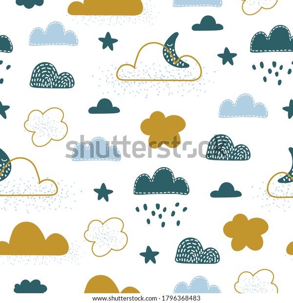 Seamless pattern with cloud and\
rainbow in the sky.  Creative kids hand drawn texture for fabric,\
wrapping, textile, wallpaper, apparel. Vector\
illustration
