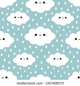 Seamless Pattern. Cloud in the sky. Rain drop. Cute cartoon kawaii funny smiling baby character. Wrapping paper, textile template. Nursery decoration. Blue background. Flat design. Vector illustration