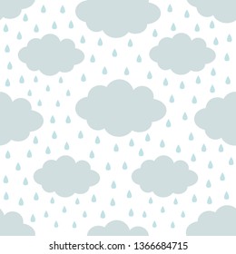Seamless Pattern. Cloud in the sky. Rain drop. Cute cartoon kawaii funny baby kids decor. Wrapping paper, textile template. Nursery decoration. White background. Flat design. Vector illustration