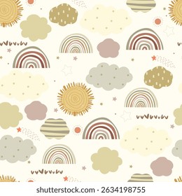 Seamless pattern with cloud, sun, hearts and rainbow in the sky. Creative kids hand drawn texture for fabric, wrapping, textile, wallpaper, apparel. Vector	

