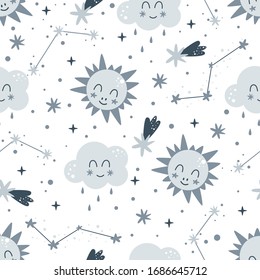 seamless pattern with cloud and sun on a white background - vector illustration, eps