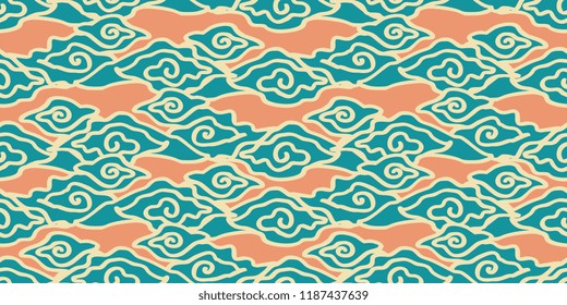 Seamless pattern of cloud tribal ethnic batik motif with punchy pastel colors. Vector illustration for fashion wrapping and textile print.