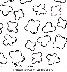 Seamless pattern cloud-like shapes in a black cartoon outline style on a white background. The simple, hand-drawn doodles are ideal for digital stickers, kids’ graphics, or whimsical pattern designs.
