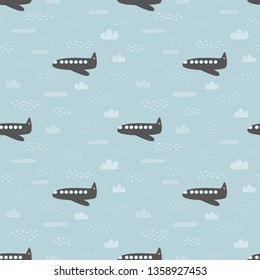 Seamless pattern with clouds and airplane on a blue background. Vector illustration.