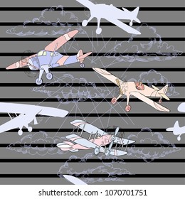 Seamless pattern with clouds and airplanes. Hand drawn sky vector illustration