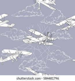 Seamless pattern with clouds and airplanes. Hand drawn sky vector illustration