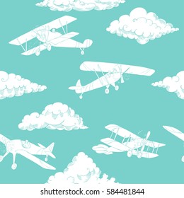 Seamless pattern with clouds and airplanes. Hand drawn sky vector illustration  