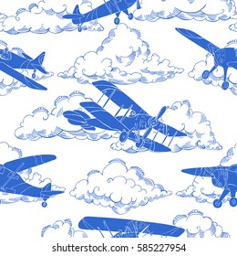 Seamless pattern with clouds and airplanes. Hand drawn sky vector illustration  