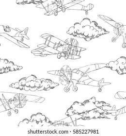 Seamless pattern with clouds and airplanes. Hand drawn sky vector illustration  