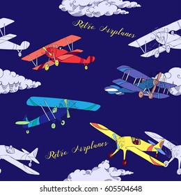 Seamless pattern with clouds and airplanes. Hand drawn sky vector illustration
