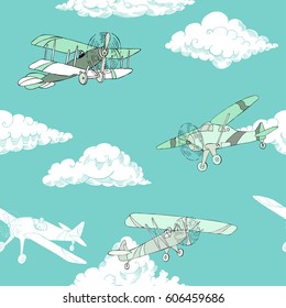 Seamless pattern with clouds and airplanes. Hand drawn sky vector illustration
