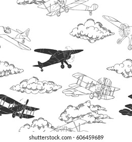 Seamless pattern with clouds and airplanes. Hand drawn sky vector illustration