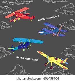 Seamless pattern with clouds and airplanes. Hand drawn sky vector illustration
