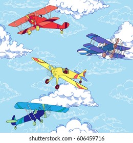 Seamless pattern with clouds and airplanes. Hand drawn sky vector illustration
