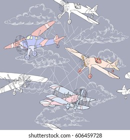 Seamless pattern with clouds and airplanes. Hand drawn sky vector illustration