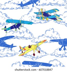 Seamless pattern with clouds and airplanes. Hand drawn sky vector illustration
