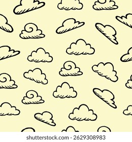 padrão perfeito com nuvens. Nuvens contínuas Plano de fundo.doodle nuvens padrão plano de fundo. desenhos animados nuvens fofas padrão plano de fundo.