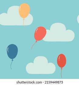 Seamless pattern with clouds and balloons on blue background.