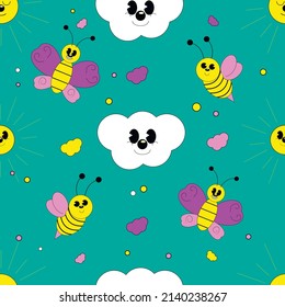 Seamless pattern with clouds, bee and butterfly