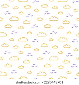 Seamless pattern with clouds and birds on a white background in doodle style.