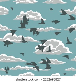 Seamless pattern with clouds and birds. Vintage hand drawn illustration with starlings in the sky. Vector illustration