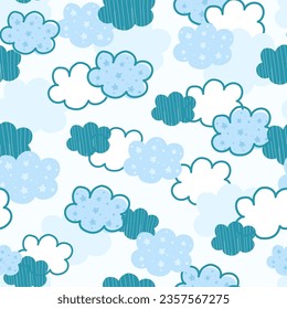 Seamless pattern with clouds. Blue clouds  background.  illustration for kids fabric or backdrop, wrapping paper. Vector