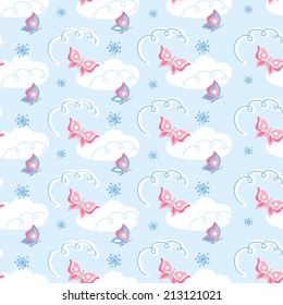 Seamless pattern with clouds and butterflies on blue background in vector 