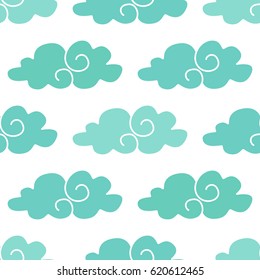 Seamless pattern with clouds. Cartoon blue clouds on white background. 