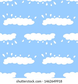 Seamless pattern of clouds in cartoon style with rain drops. Decorative background for textile, clothing, stationery, scrapbook, web.