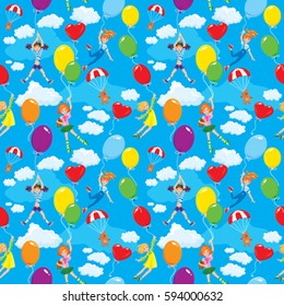 Seamless pattern with clouds, colorful balloons, parachute and cute girls with teddy bears on sky blue background. 