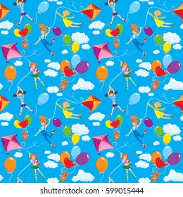 Seamless pattern with clouds, colorful balloons, kite and cute girls with teddy bears on sky blue background. 