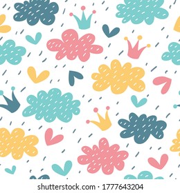 Seamless pattern with clouds, crowns and hearts in children's style.
