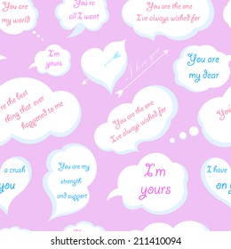 Seamless Pattern of Clouds with Declarations of Love. Vector illustration on a pink isolated background.