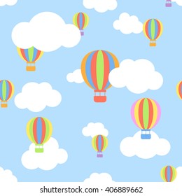 Seamless pattern with clouds and different colors cartoon aerostats flying in the sky. Flat design. Vector illustration. 