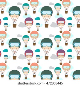 Seamless pattern with clouds and different colors cartoon aerostats humanlike in mask flying in the sky. Flat design. Vector illustration