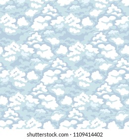 Seamless pattern of Clouds in flat cartoon style. Vector illustration of cloudy sky . Template for textile, fabric, paper, wallpaper, border, background.