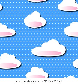 Seamless pattern of clouds in flat style with shadows. Fabulous fantasy with oval dots. Pastel white and pink color. Design for wallpaper, fabrics, scrapbooking, digital and wrapping paper, background